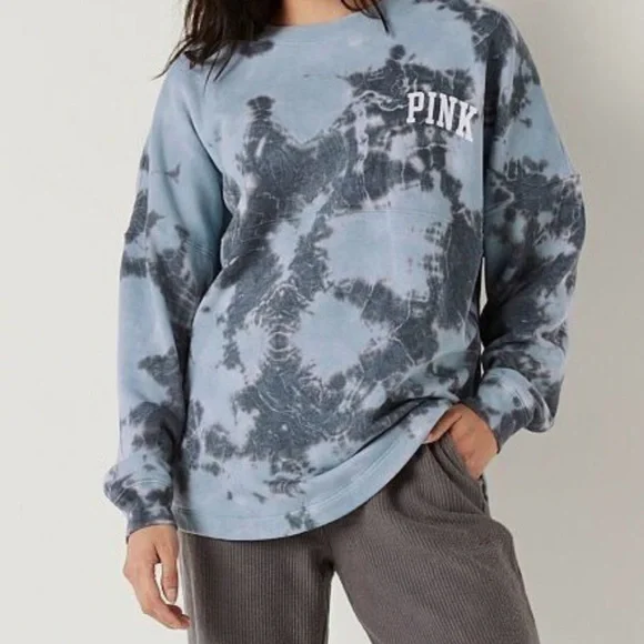 PINK Victoria's Secret Blue & Gray Tie-Dye Crewneck Varsity Shirt XS - Picture 2 of 6